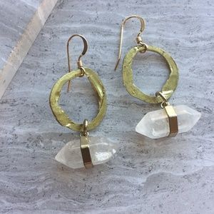 14K/Ster. Brass hoop/ Quartz Crystal Earrings